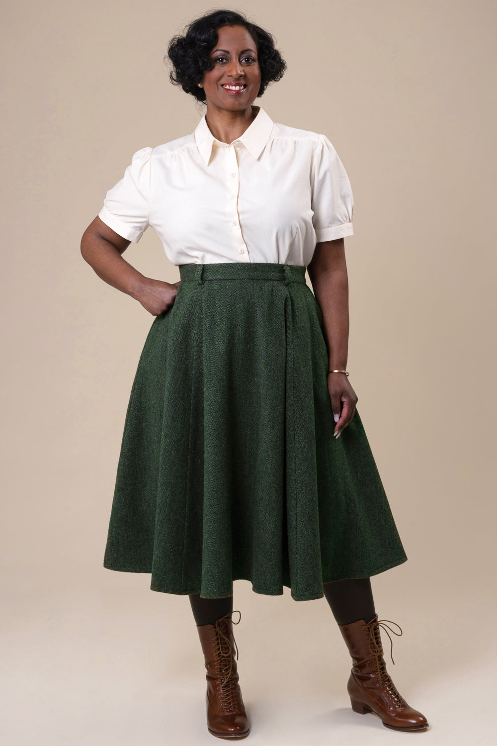 The Winter Wonder Whirl Skirt - Teal & Forest herringbone tweed