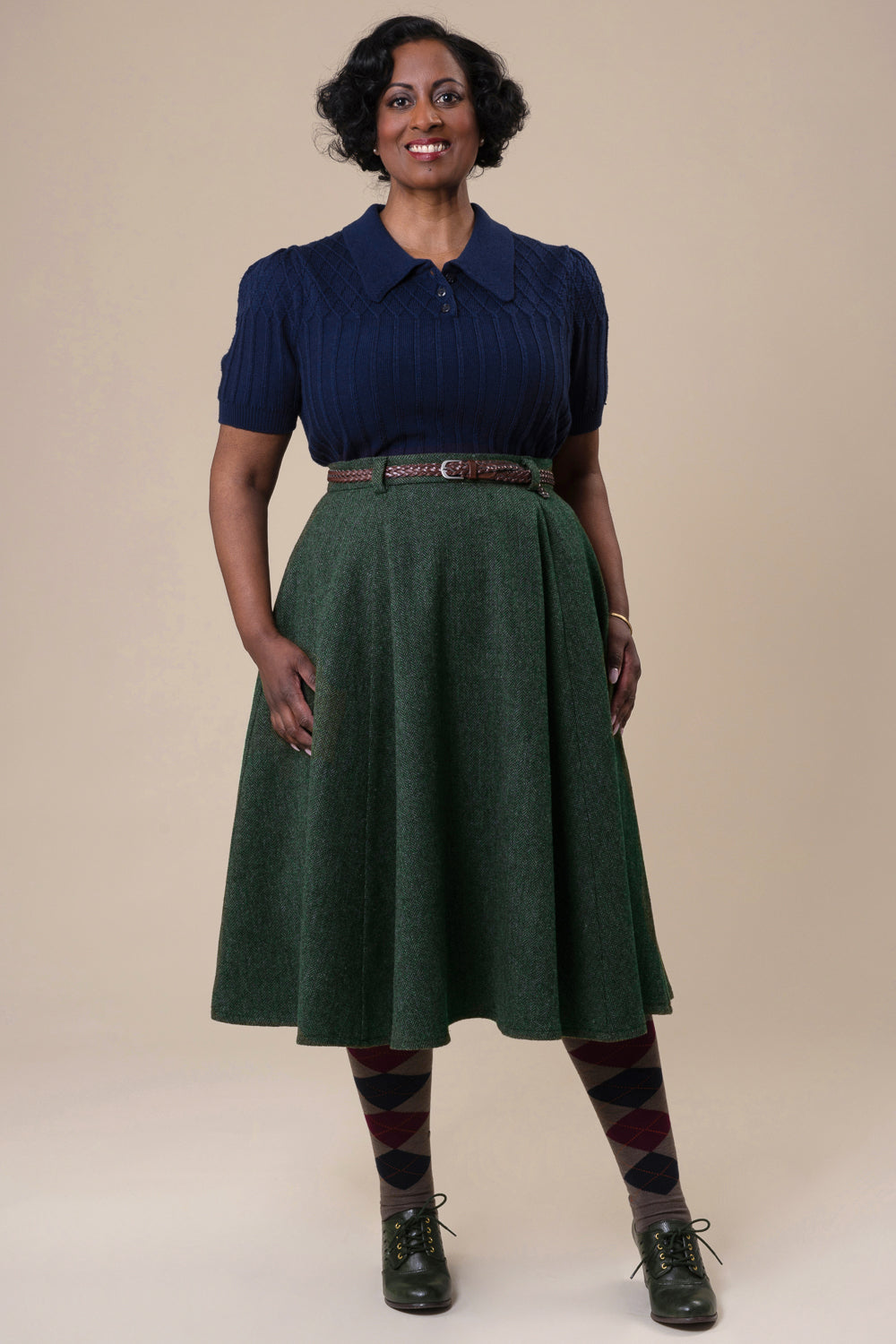 The Winter Wonder Whirl Skirt - Teal & Forest herringbone tweed