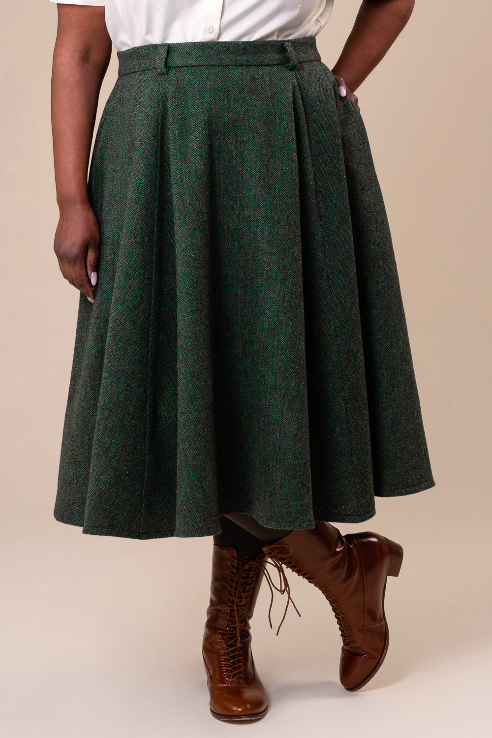 The Winter Wonder Whirl Skirt - Teal & Forest herringbone tweed