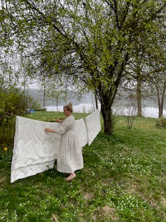 Linneklänning puffärm - Beige/ vit rutig