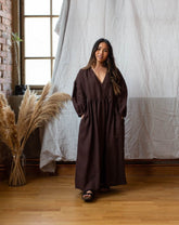 Linen dress with puff sleeves - Earth